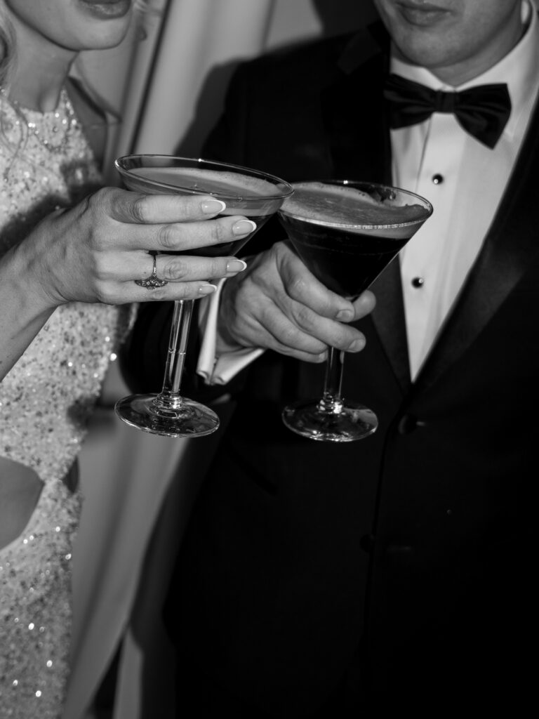 Espresso martinis in engraved martini glasses at Scottsdale wedding Sanctuary Camelback